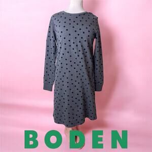 Boden Long Sleeve Grey Navy Polka Dot Dress 100% Cotton Size 4‎ Womens Small